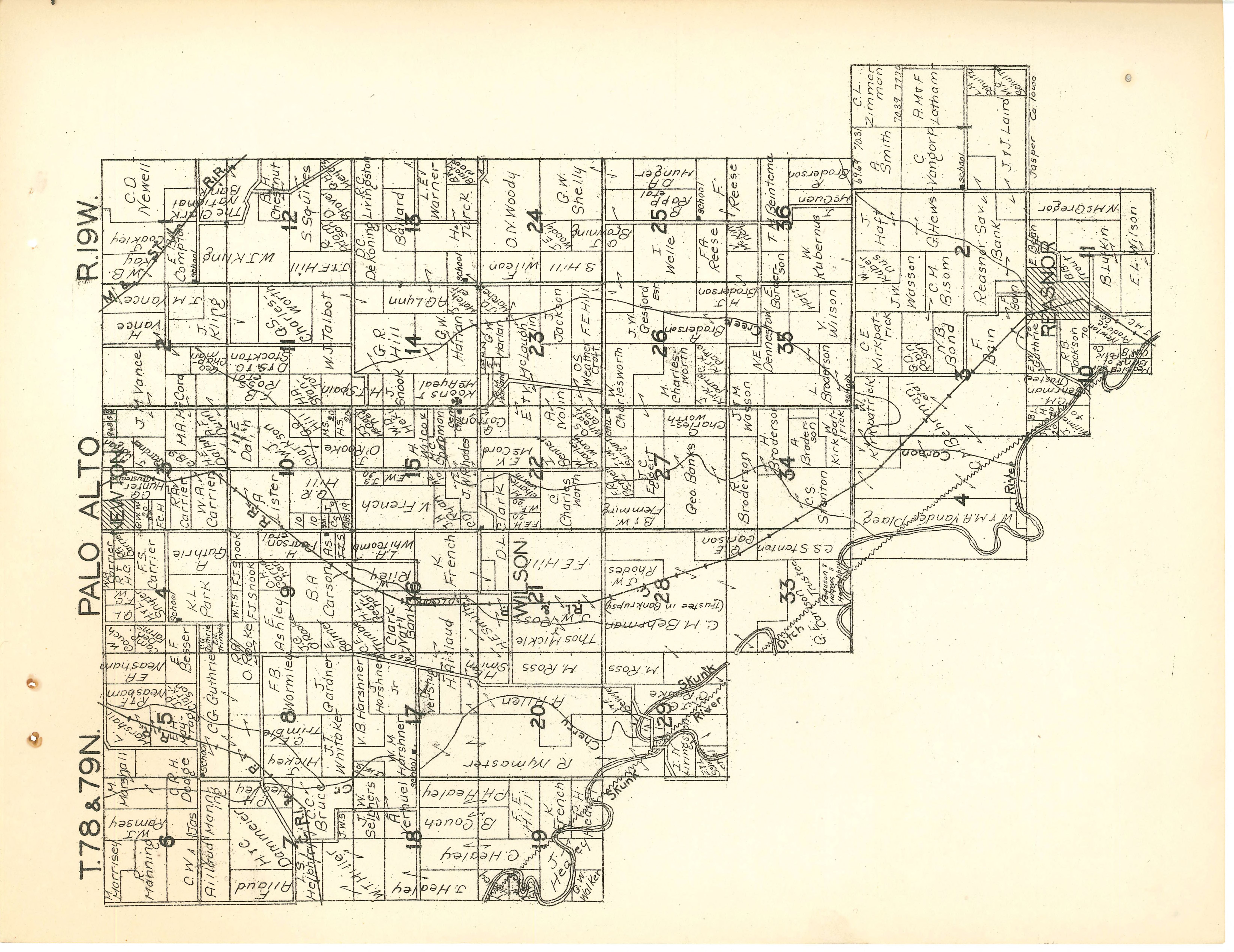 1930 plat map of Palo Alto Township in Jasper County, Iowa. Containing slightly more than 36 sections (even though it lacks Sections 30, 31 & 32), Palo Alto Township is one that was distorted from the usual 6-mile square to accommodate the meandering South Skunk River along its southwest corner.