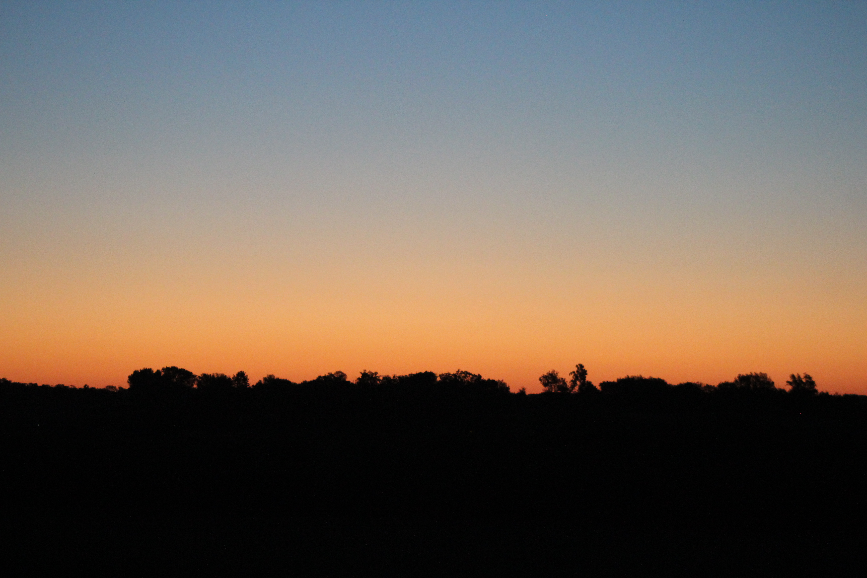 Prairie Sunrise. Bands of orange, yellow, green and blue fade to gray from the horizon; trees in the near distance stand in silhouette against a brightening sky.