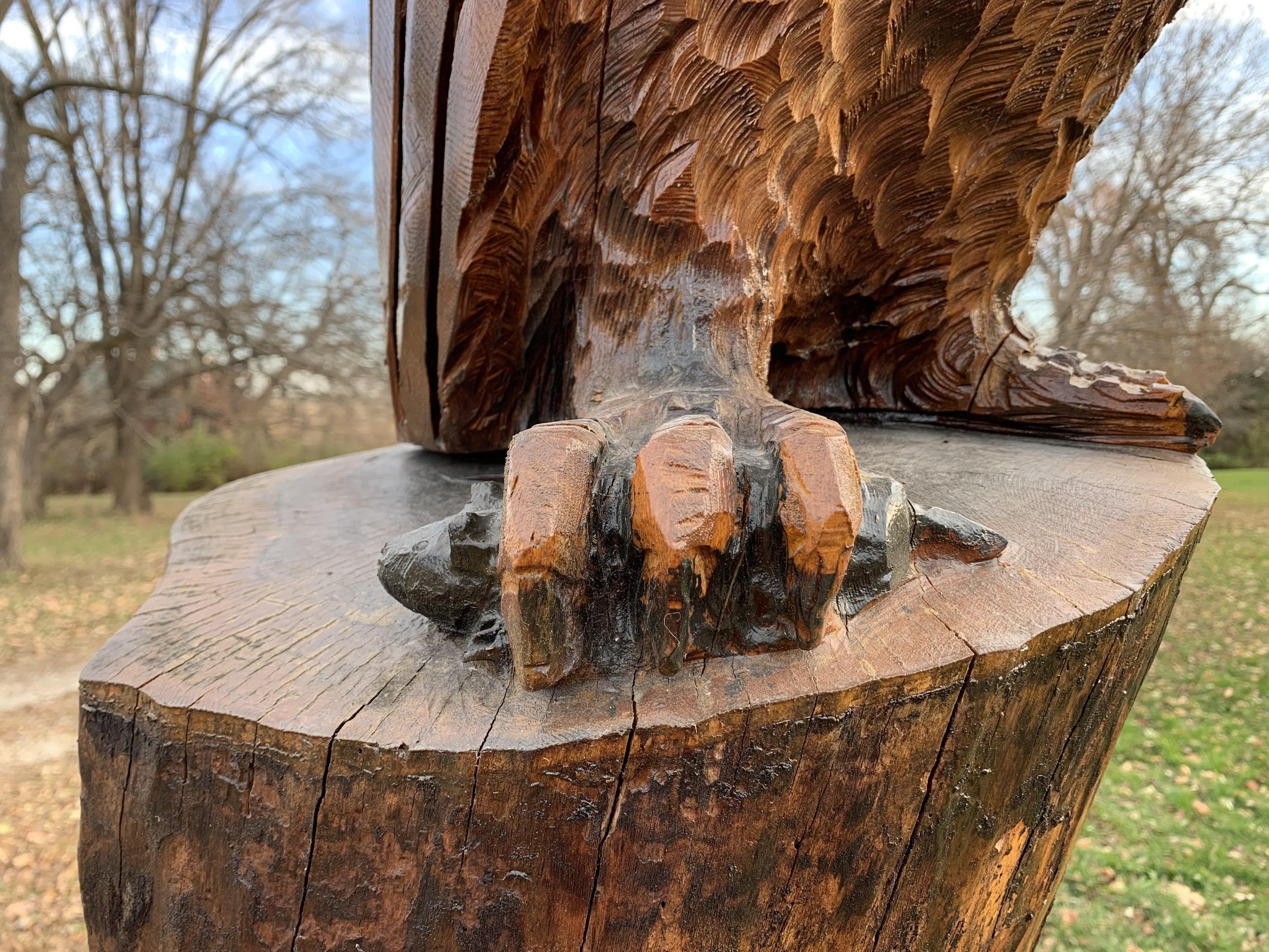 Closeup of the Meadow Vole in the talons of the namesake tree sculpture at Owl Acres.