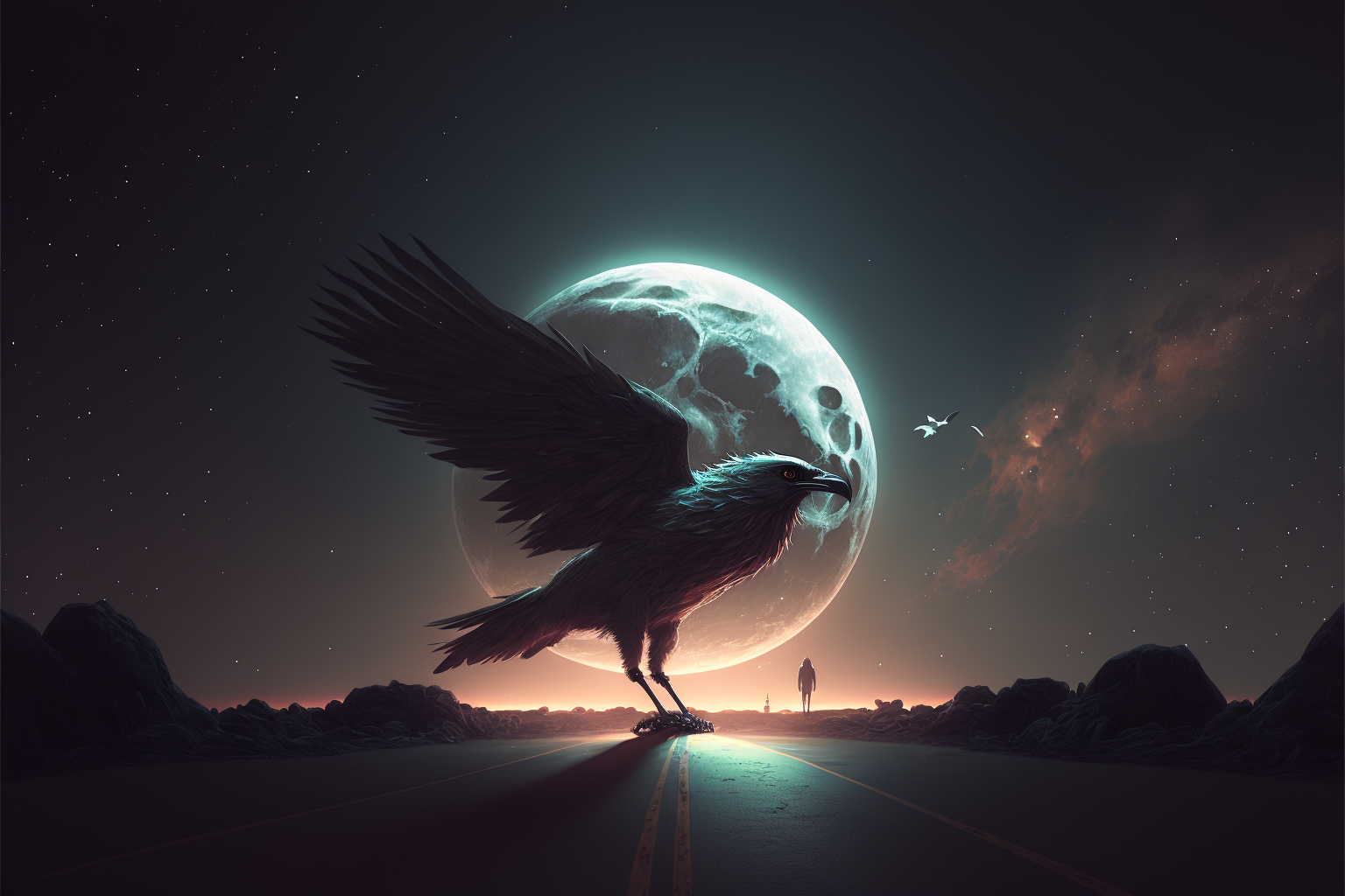 Crows don’t get enough respect. So, here’s a painting of a noble crow, wings spread, standing in heroic profile before a rising full moon. Why not?