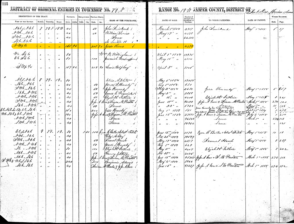 Photo from Jasper County, Iowa Recorder's Abstract of Original Entries. Jesse Reeves' May 17, 1854 purchase of 167 acres of Iowa prairie is on the highlighted line.